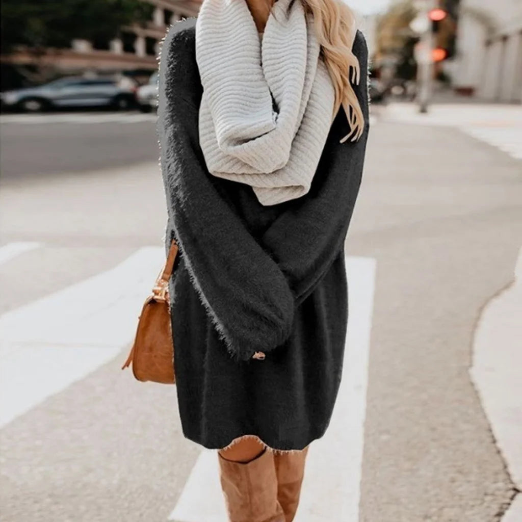 Christmas Deals 2022 Women Winter Sweater Knit Turtleneck Warm Long Sleeve Pocket Mini Sweater Dress,Black,L